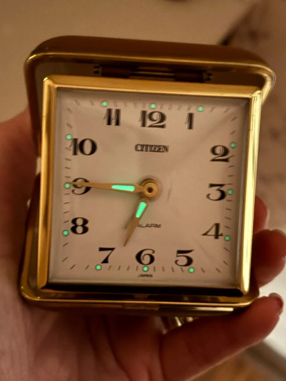 Vintage Citizen Japan Folding Travel Alarm Clock Gold Tone Brown Case Luminous